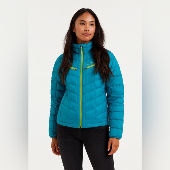 Marmot Teal and Neon Green Down Puffer‎ Jacket Sz. S